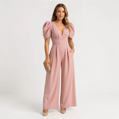 Wide Leg Puff Sleeve Tailored Jumpsuit