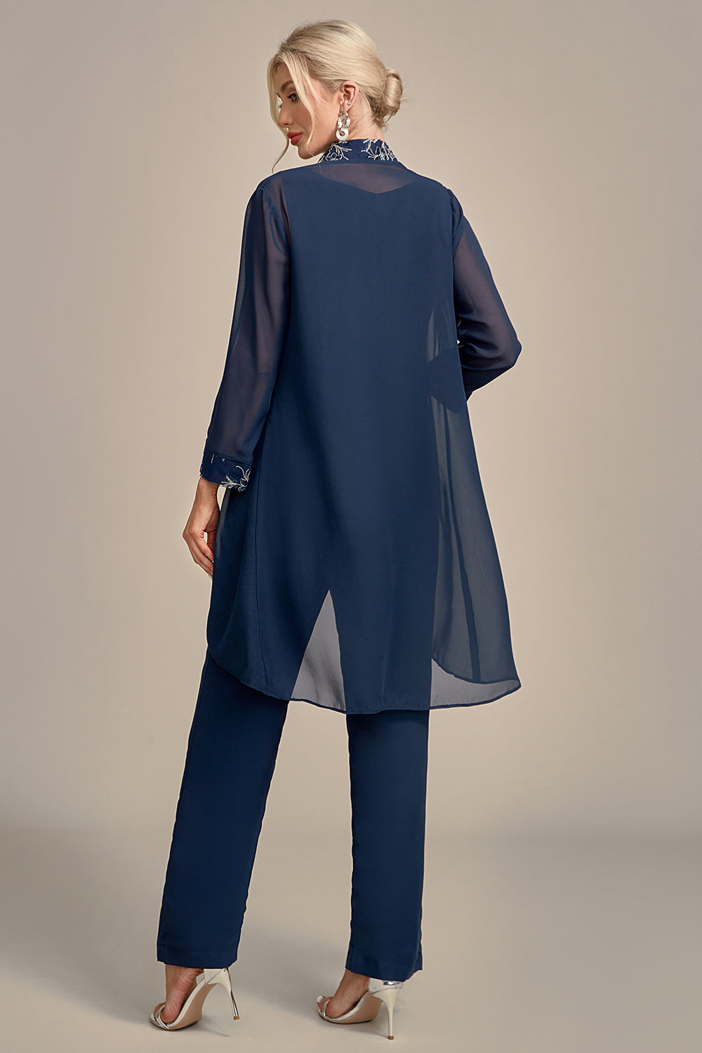 ILYNORA women's navy 3 piece occasion pant suit, back view