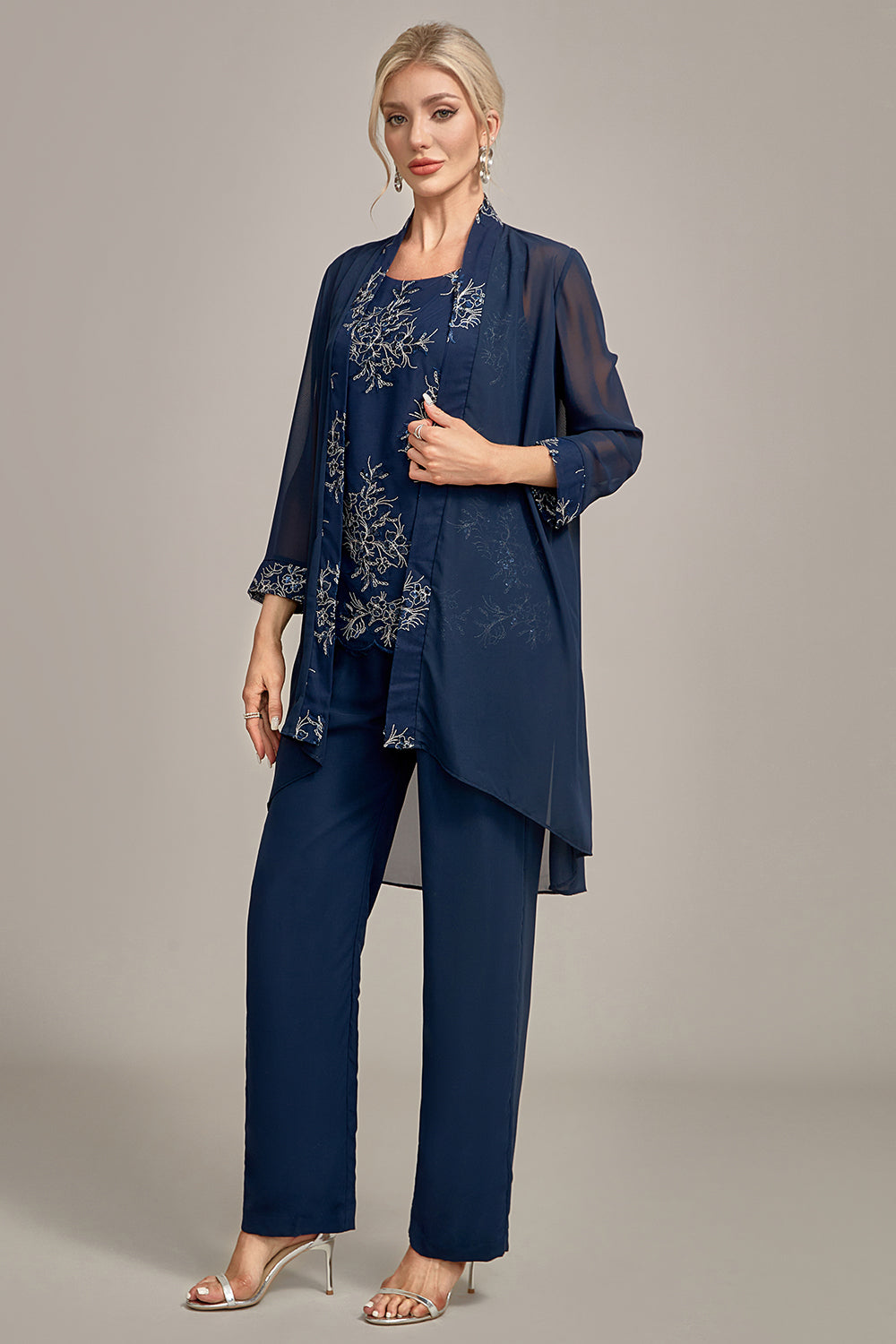 ILYNORA women's navy chiffon jacket open front, occasion pant suit