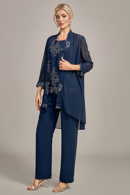 ILYNORA women's navy chiffon jacket open front, occasion pant suit