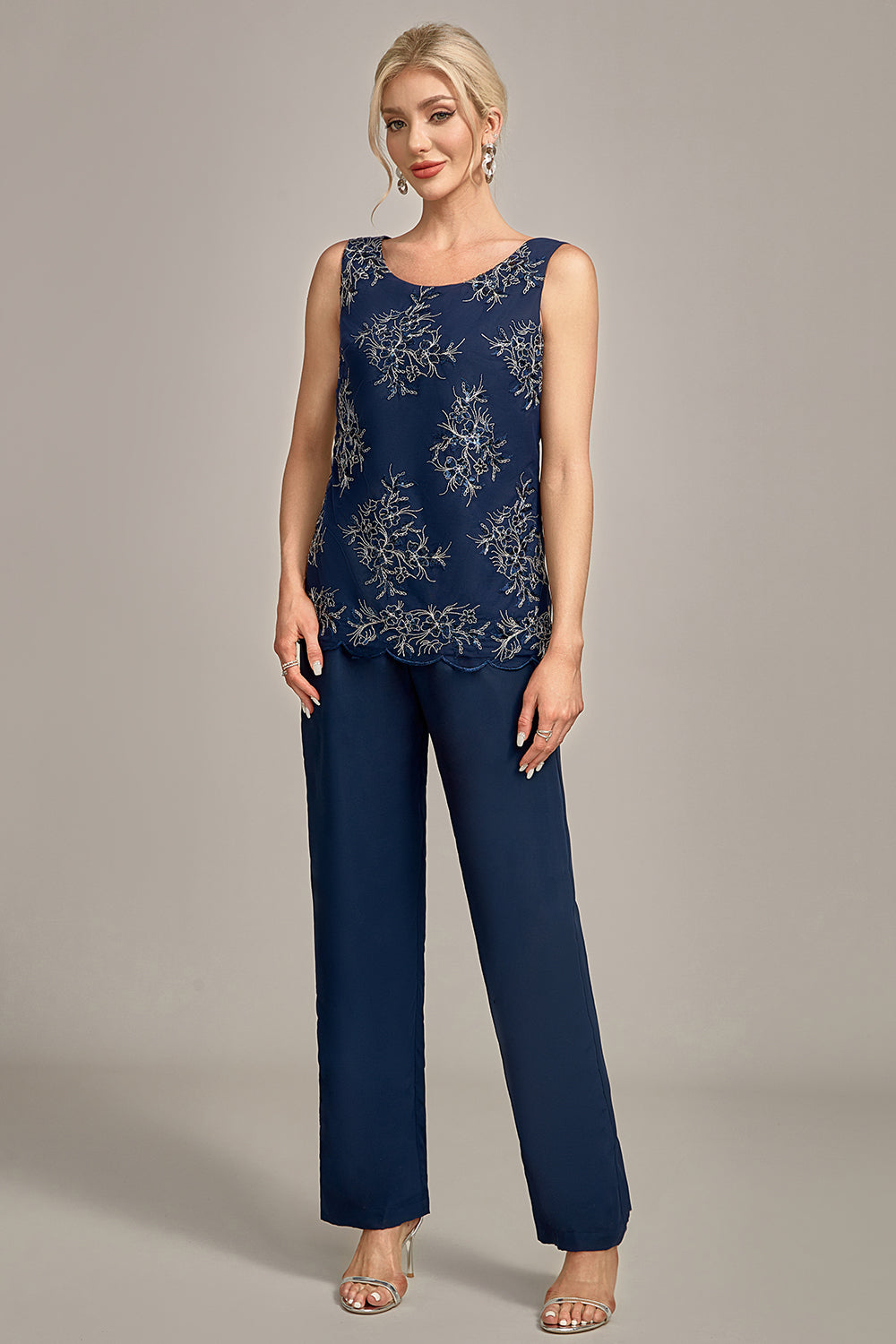 ILYNORA women's navy embroidered top and wide-leg pants, front view