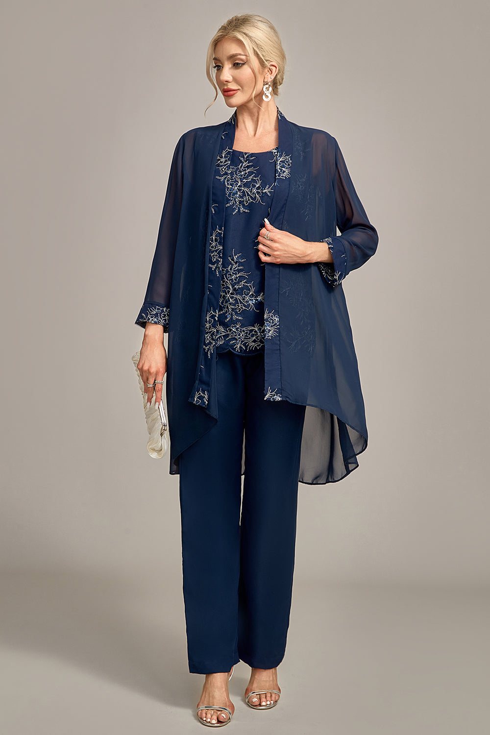 ILYNORA women's navy 3 piece occasion pant suit, full outfit front view