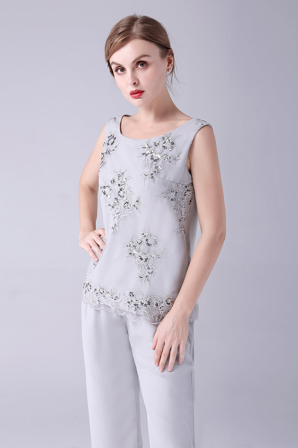 ILYNORA women's silver 3 piece occasion pant suit, embroidered top close-up