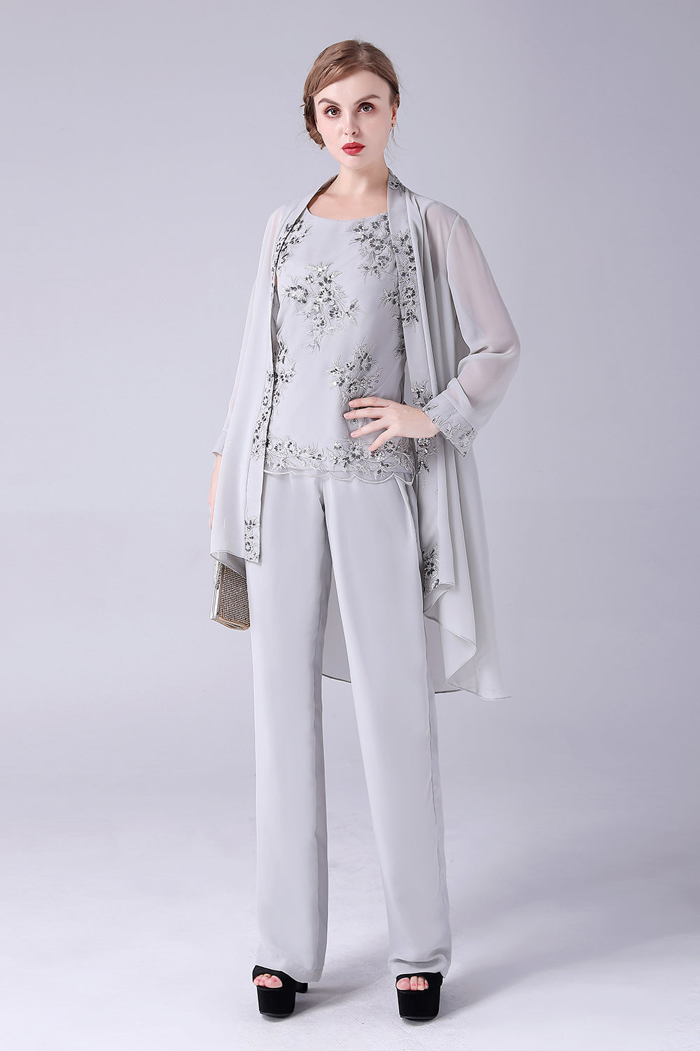 ILYNORA women's silver chiffon jacket open front, occasion pant suit