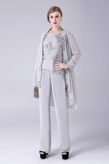 ILYNORA women's silver chiffon jacket open front, occasion pant suit