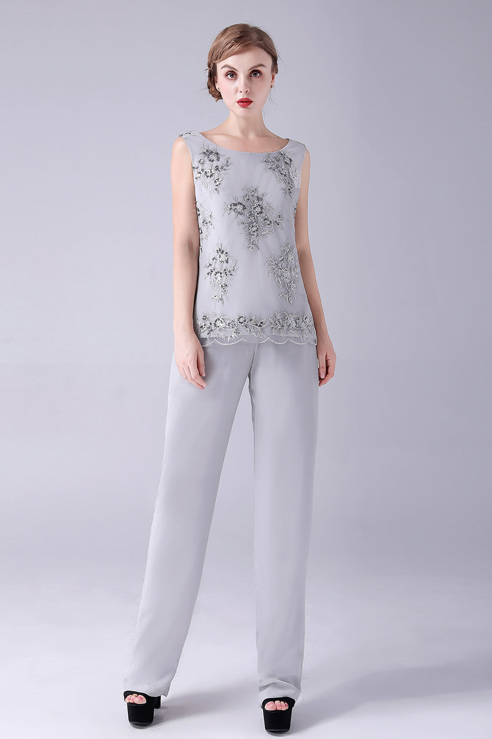 ILYNORA women's silver 3 piece occasion pant suit, side view