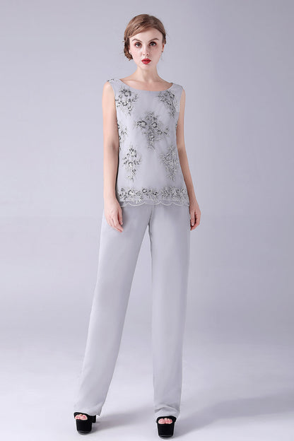 ILYNORA women's silver 3 piece occasion pant suit, side view