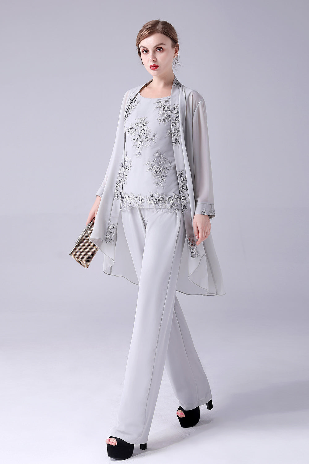 ILYNORA women's silver 3 piece occasion pant suit, full outfit front view