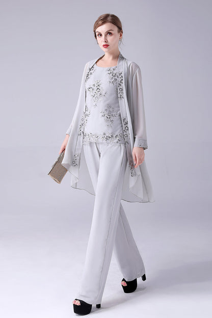 ILYNORA women's silver 3 piece occasion pant suit, full outfit front view