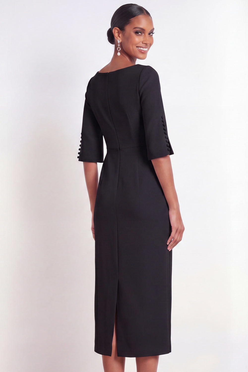 ILYNORA black bateau neck midi sheath dress, back view showing split sleeve detail