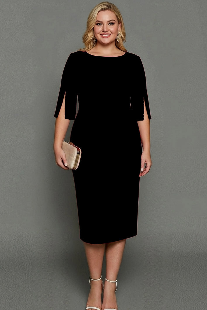 ILYNORA black bateau neck midi sheath dress, front view of tailored silhouette