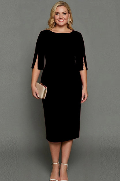ILYNORA black bateau neck midi sheath dress, front view of tailored silhouette