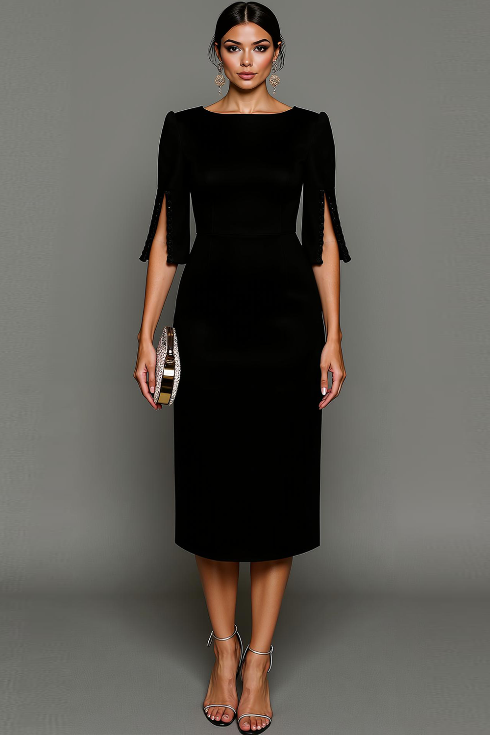 ILYNORA black bateau neck midi sheath dress, model wearing dress from the front