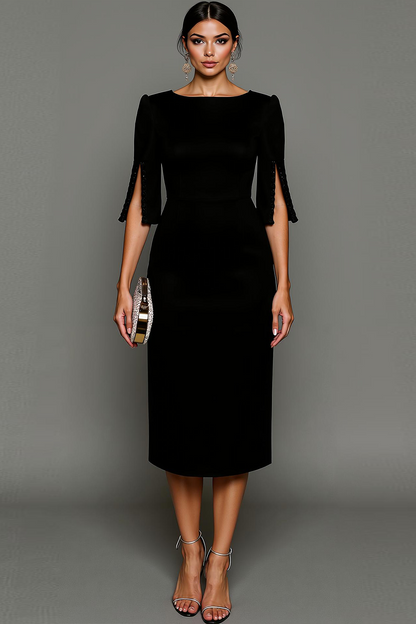 ILYNORA black bateau neck midi sheath dress, model wearing dress from the front