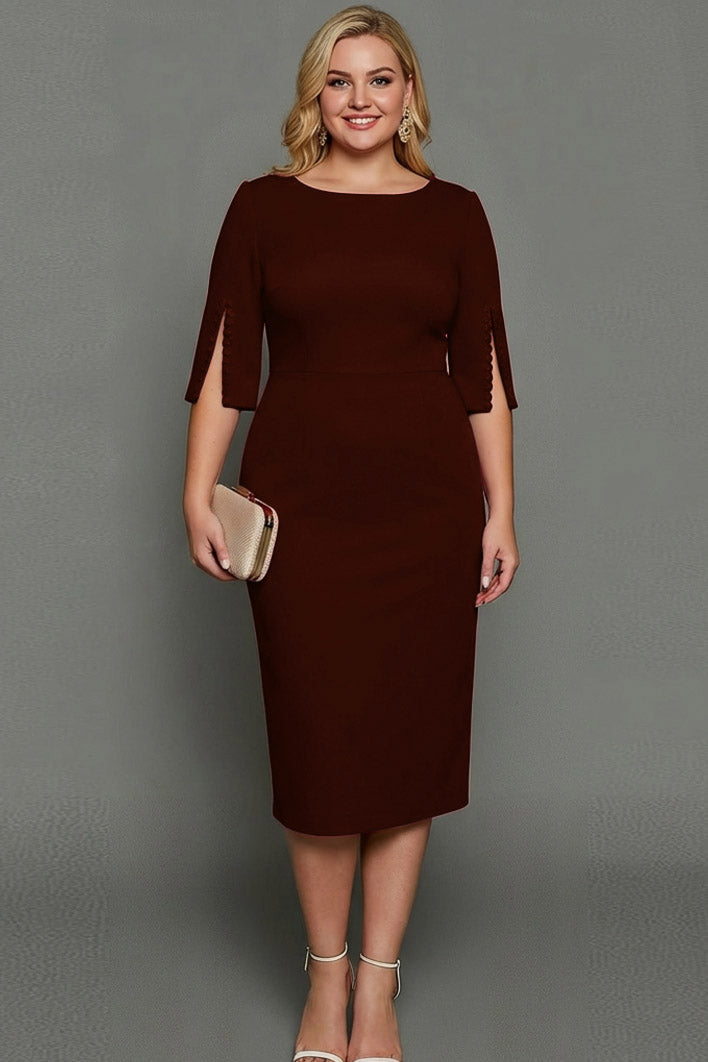 ILYNORA brown bateau neck midi sheath dress, model wearing dress from the front