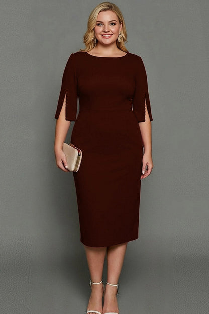 ILYNORA brown bateau neck midi sheath dress, model wearing dress from the front