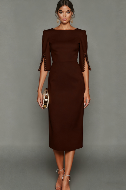 ILYNORA brown bateau neck midi sheath dress, front view of tailored silhouette