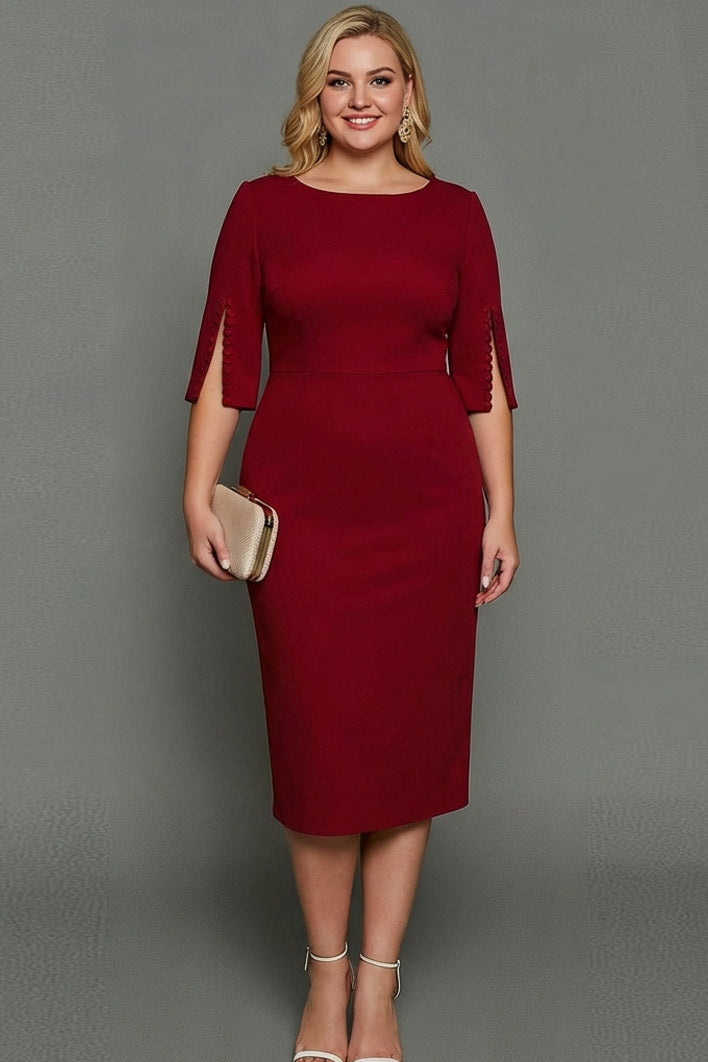 ILYNORA cabernet bateau neck midi sheath dress, model wearing dress from the front