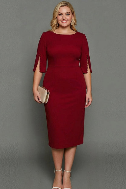ILYNORA cabernet bateau neck midi sheath dress, model wearing dress from the front