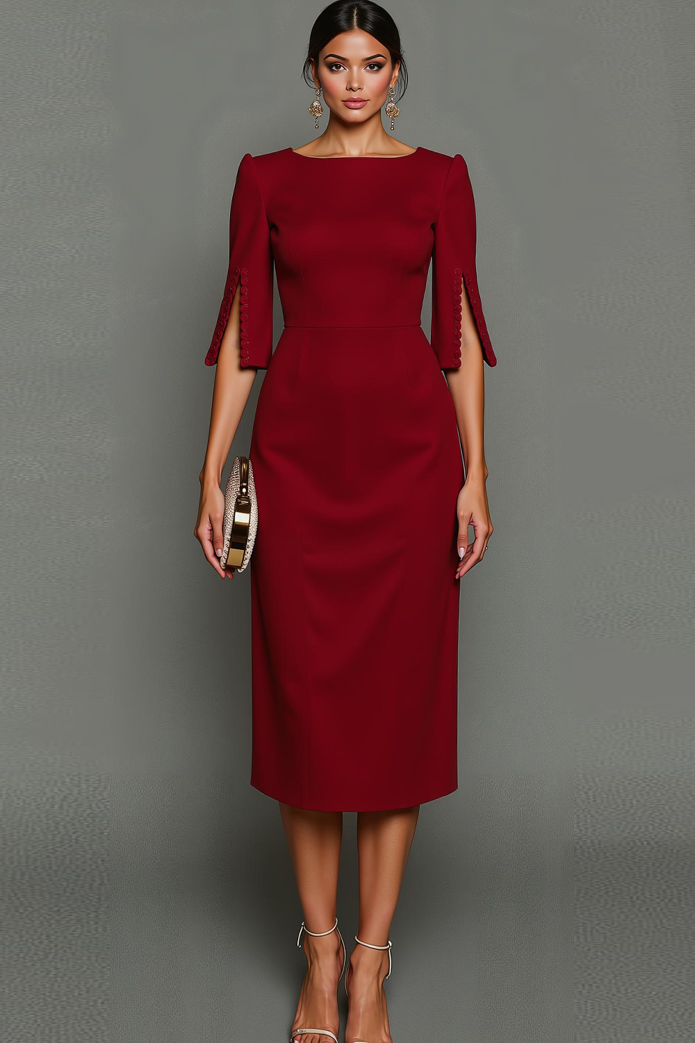 ILYNORA cabernet bateau neck midi sheath dress, front view of tailored silhouette