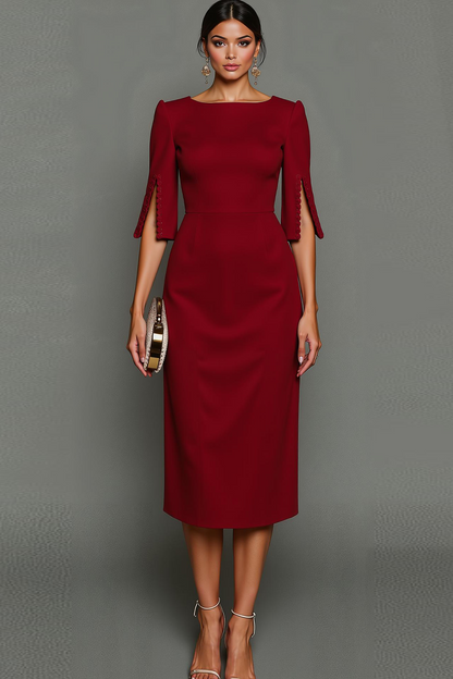 ILYNORA cabernet bateau neck midi sheath dress, front view of tailored silhouette