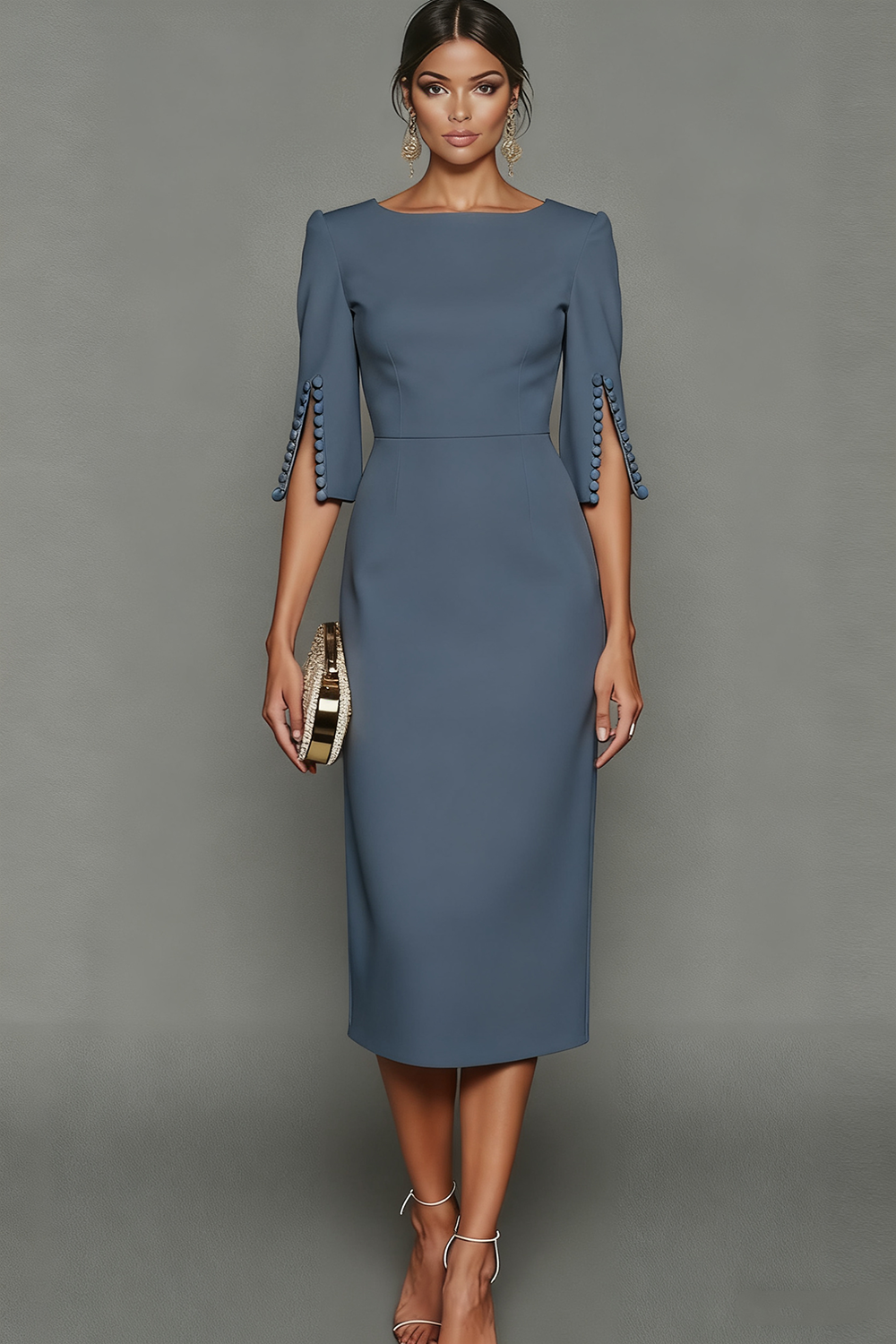 ILYNORA dusty blue bateau neck midi sheath dress, front view of tailored silhouette
