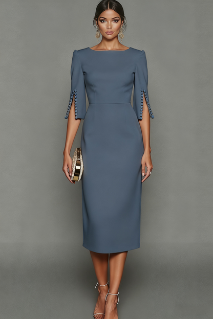 ILYNORA dusty blue bateau neck midi sheath dress, front view of tailored silhouette