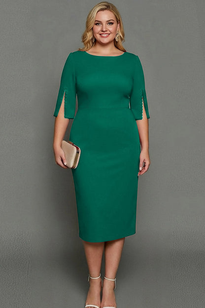 ILYNORA emerald green bateau neck midi sheath dress, model wearing dress, front