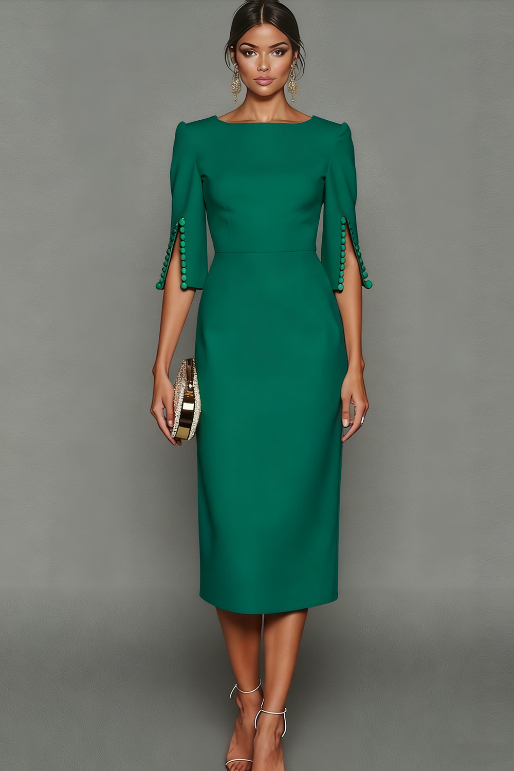 ILYNORA emerald green bateau neck midi sheath dress, front view of tailored dress