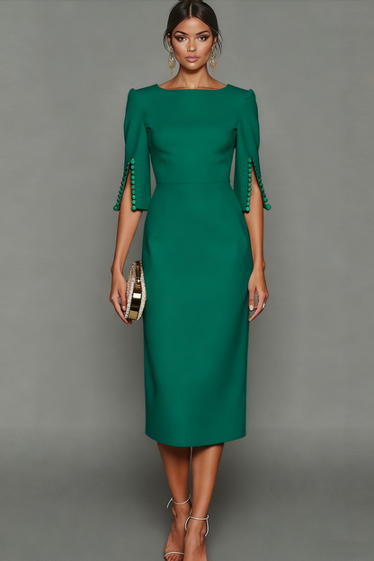 ILYNORA emerald green bateau neck midi sheath dress, front view of tailored dress