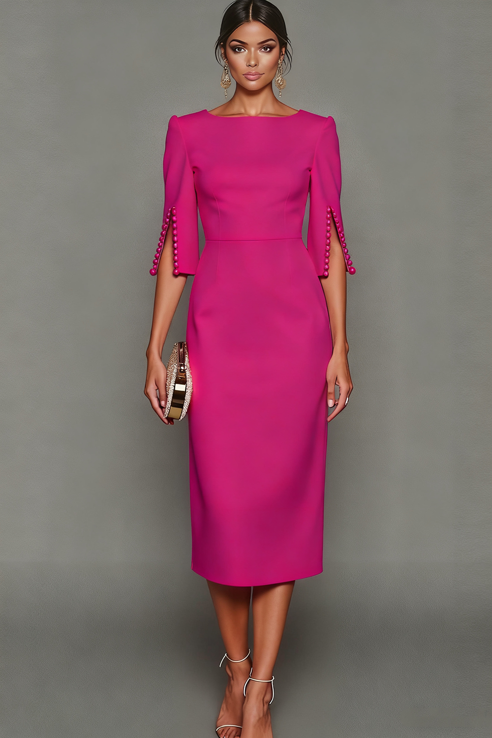 ILYNORA fuchsia bateau neck midi sheath dress, model wearing dress from the front