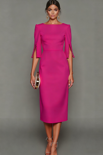ILYNORA fuchsia bateau neck midi sheath dress, model wearing dress from the front