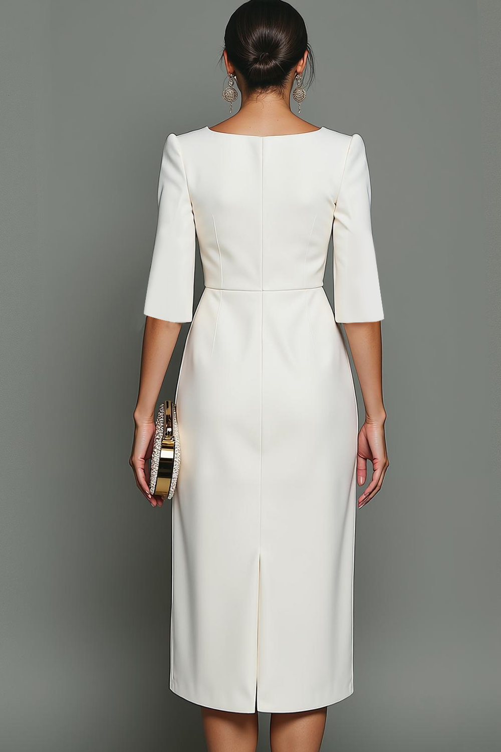 ILYNORA white bateau neck midi sheath dress, back view showing split sleeve detail