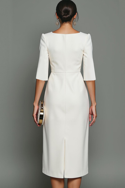 ILYNORA white bateau neck midi sheath dress, back view showing split sleeve detail