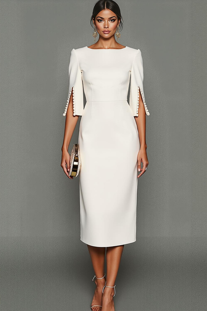 ILYNORA white bateau neck midi sheath dress, model wearing dress from the front
