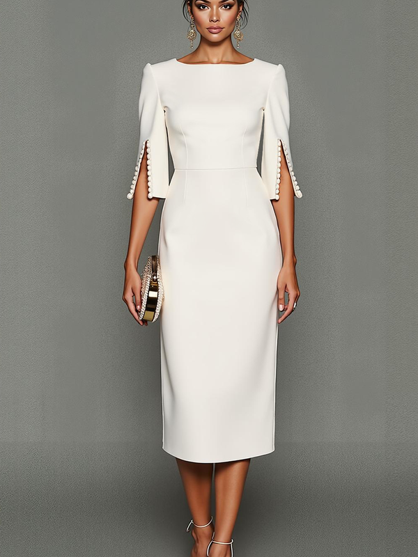 ILYNORA white bateau neck midi sheath dress, model wearing dress from the front