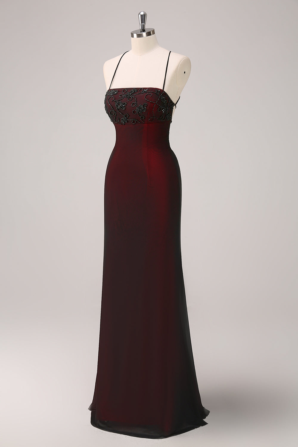 ILYNORA burgundy beaded mermaid evening dress, angled view of fitted silhouette