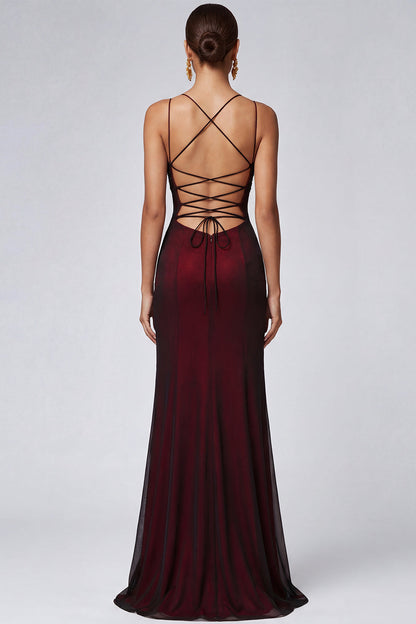 ILYNORA burgundy mermaid evening dress, back view showing criss-cross lace-up detail