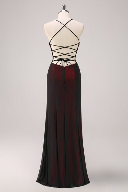 ILYNORA burgundy mermaid evening dress close-up of lace-up back and beaded bodice