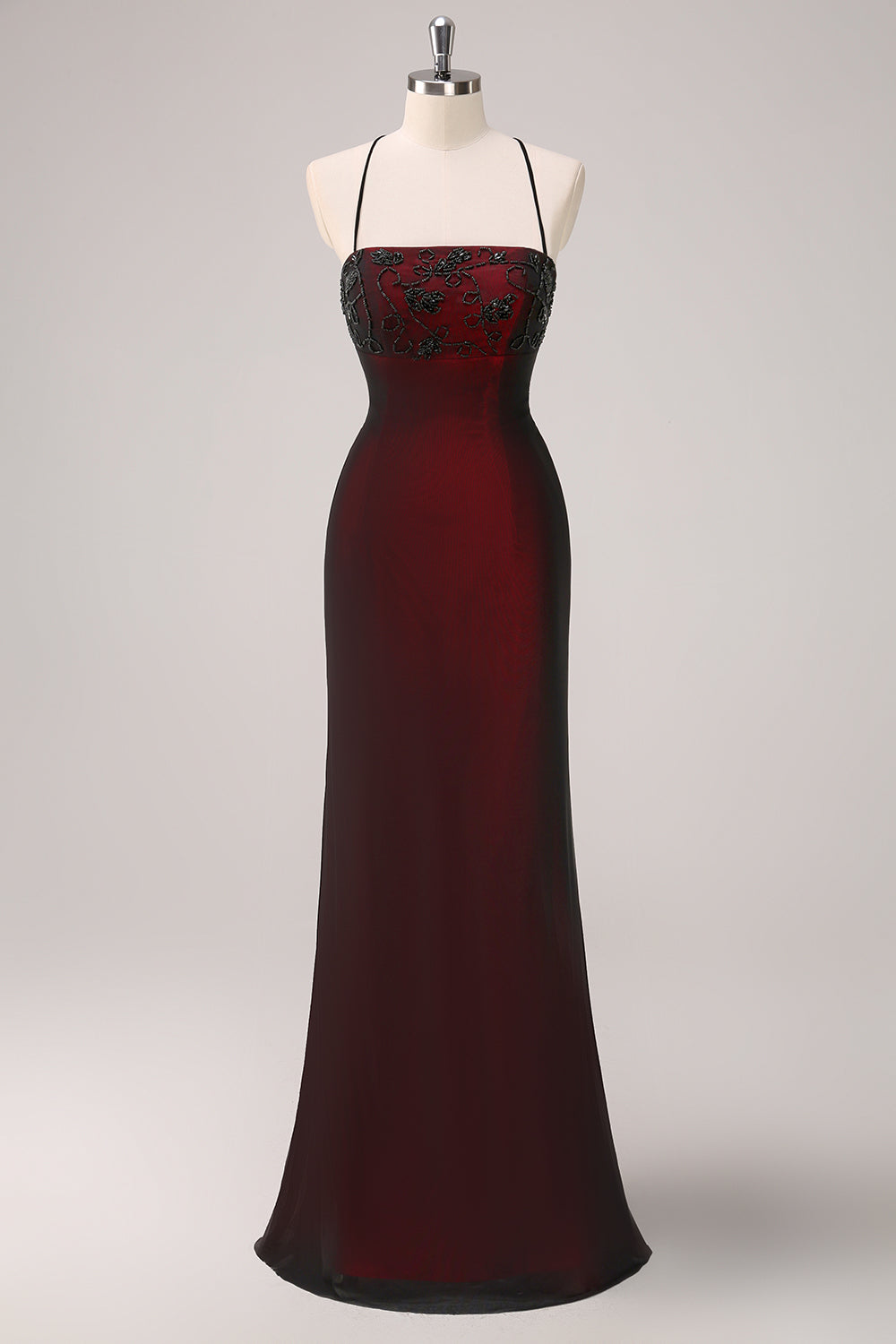 ILYNORA burgundy beaded mermaid evening dress displayed on mannequin, front view