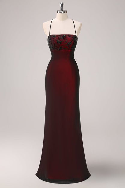 ILYNORA burgundy beaded mermaid evening dress displayed on mannequin, front view