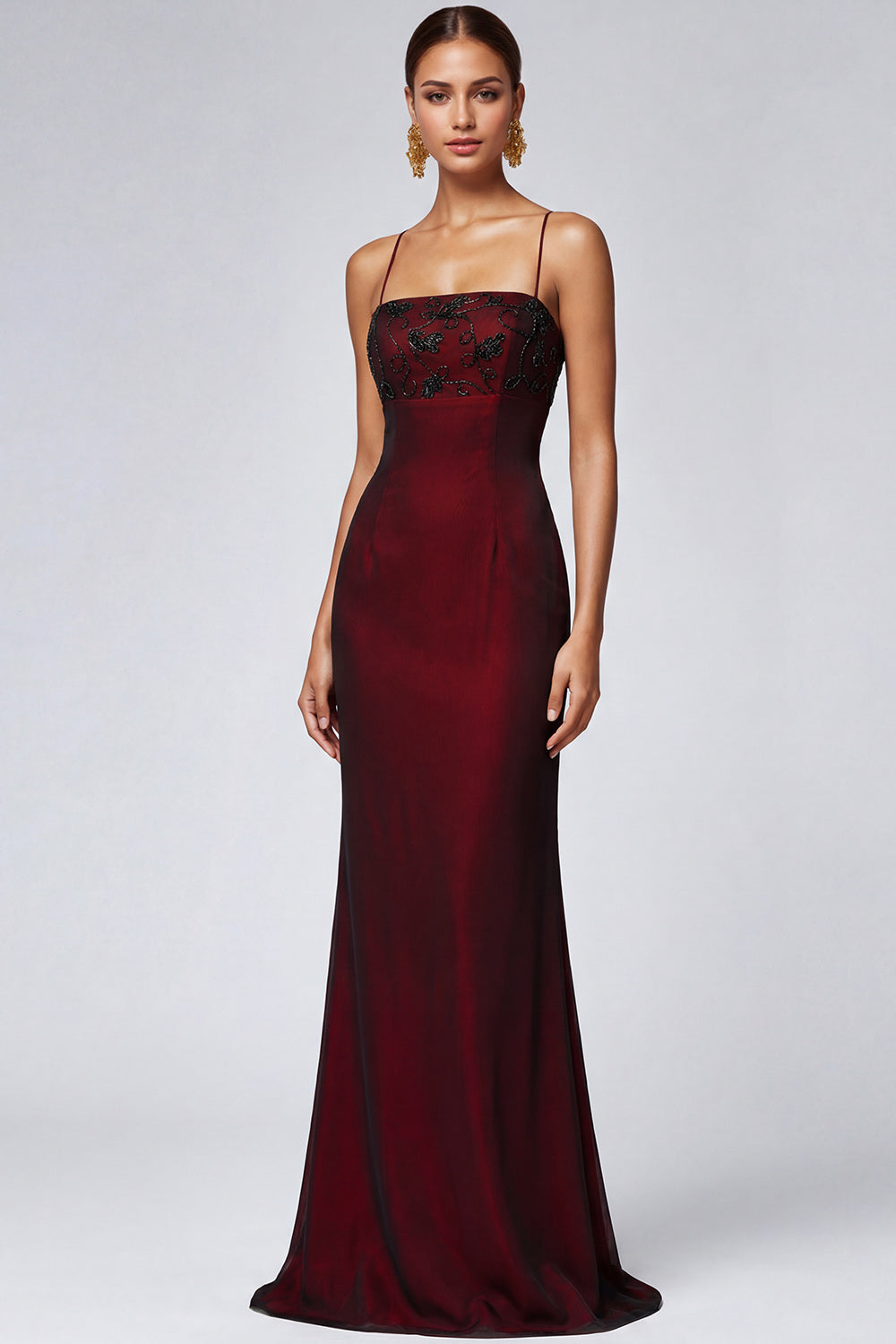 ILYNORA burgundy beaded mermaid evening dress, model wearing gown from the front
