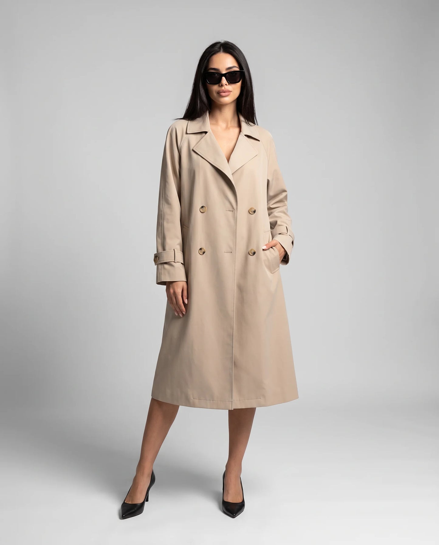 ILYNORA women's beige classic long trench coat with lapel collar and timeless elegant silhouette