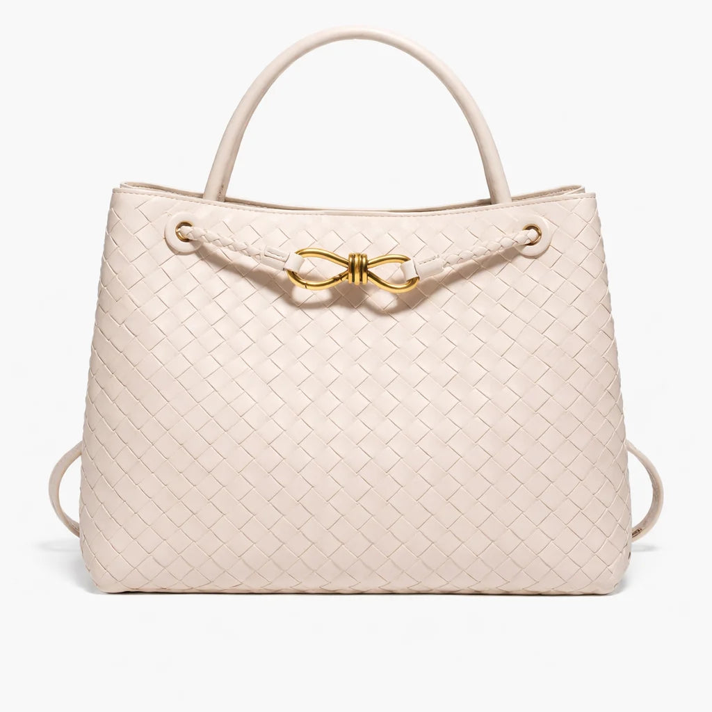 ILYNORA beige woven faux leather tote bag with structured handles and elegant gold-tone hardware