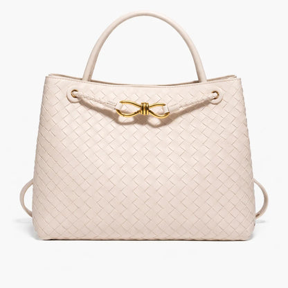 ILYNORA beige woven faux leather tote bag with structured handles and elegant gold-tone hardware