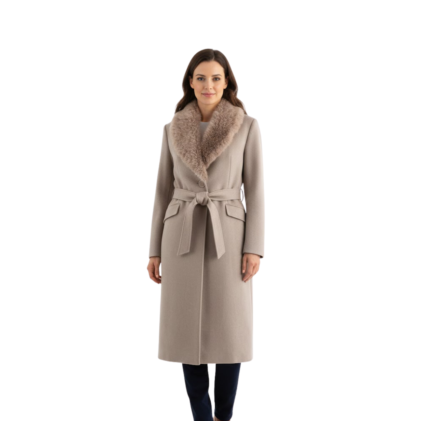 Women’s Belted Faux Fur Collar Winter Coat