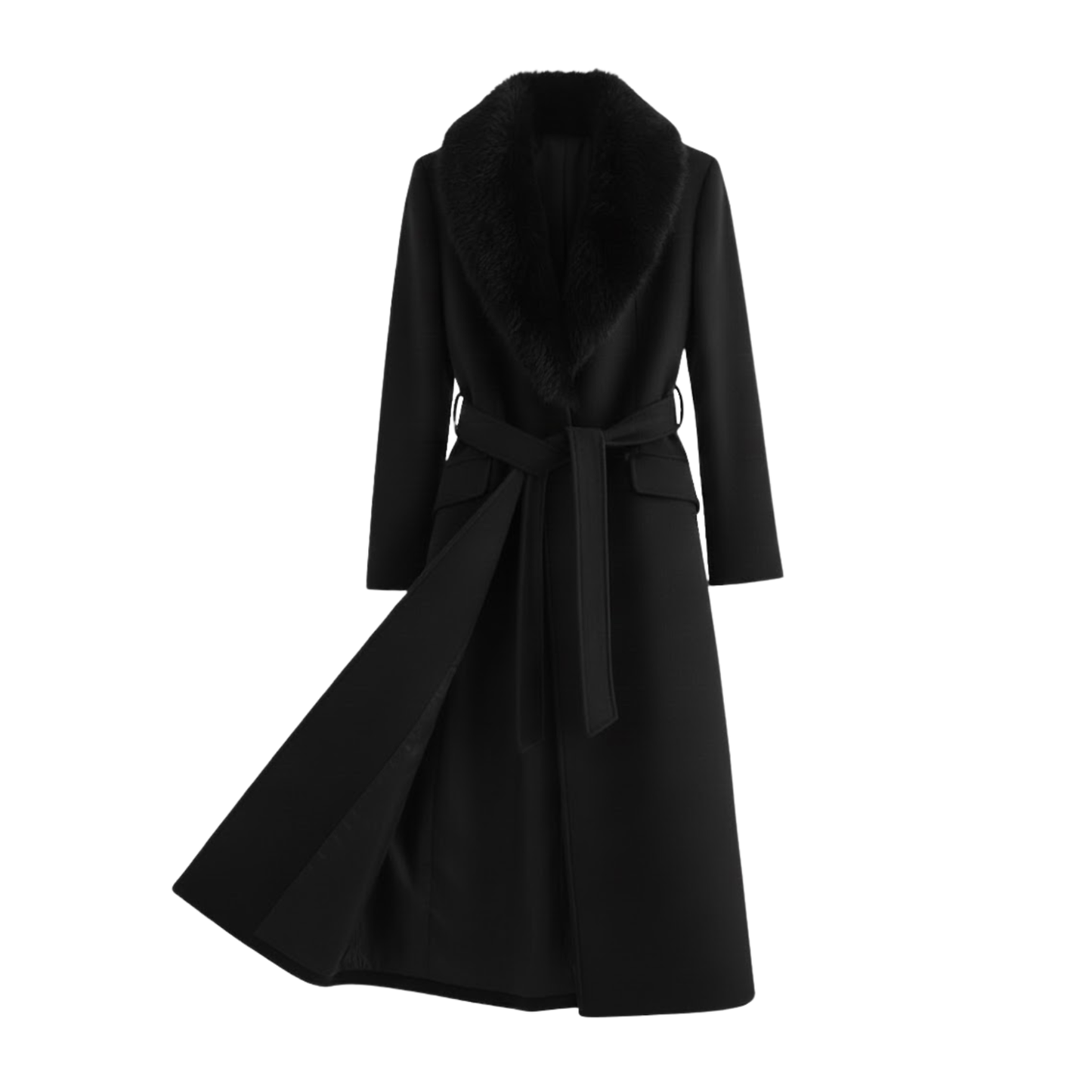 Women’s Belted Faux Fur Collar Winter Coat