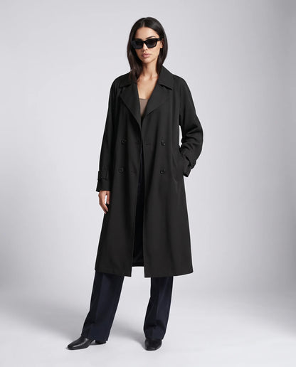 ILYNORA women's black classic long trench coat with lapel collar and elegant relaxed silhouette