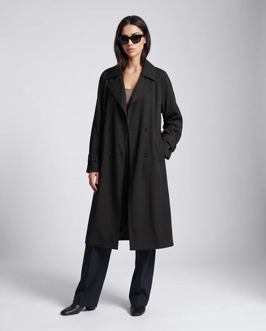 ILYNORA women's black classic long trench coat with lapel collar and elegant relaxed silhouette