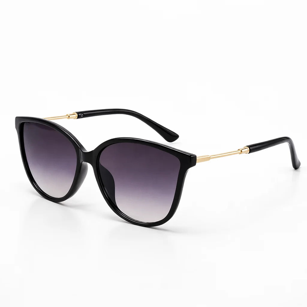 ILYNORA black oversized cat-eye sunglasses with gradient lenses and elegant gold-tone temple details